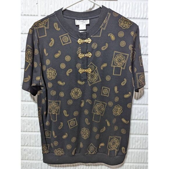 Adolfo Sport Women's Black & Gold Printed Vintage Short Sleeve T-Shirt Size L - Picture 1 of 6